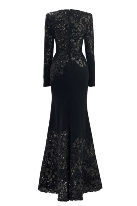 Moriah Rhinestone Lace Sleeve Split Maxi Dress In Black