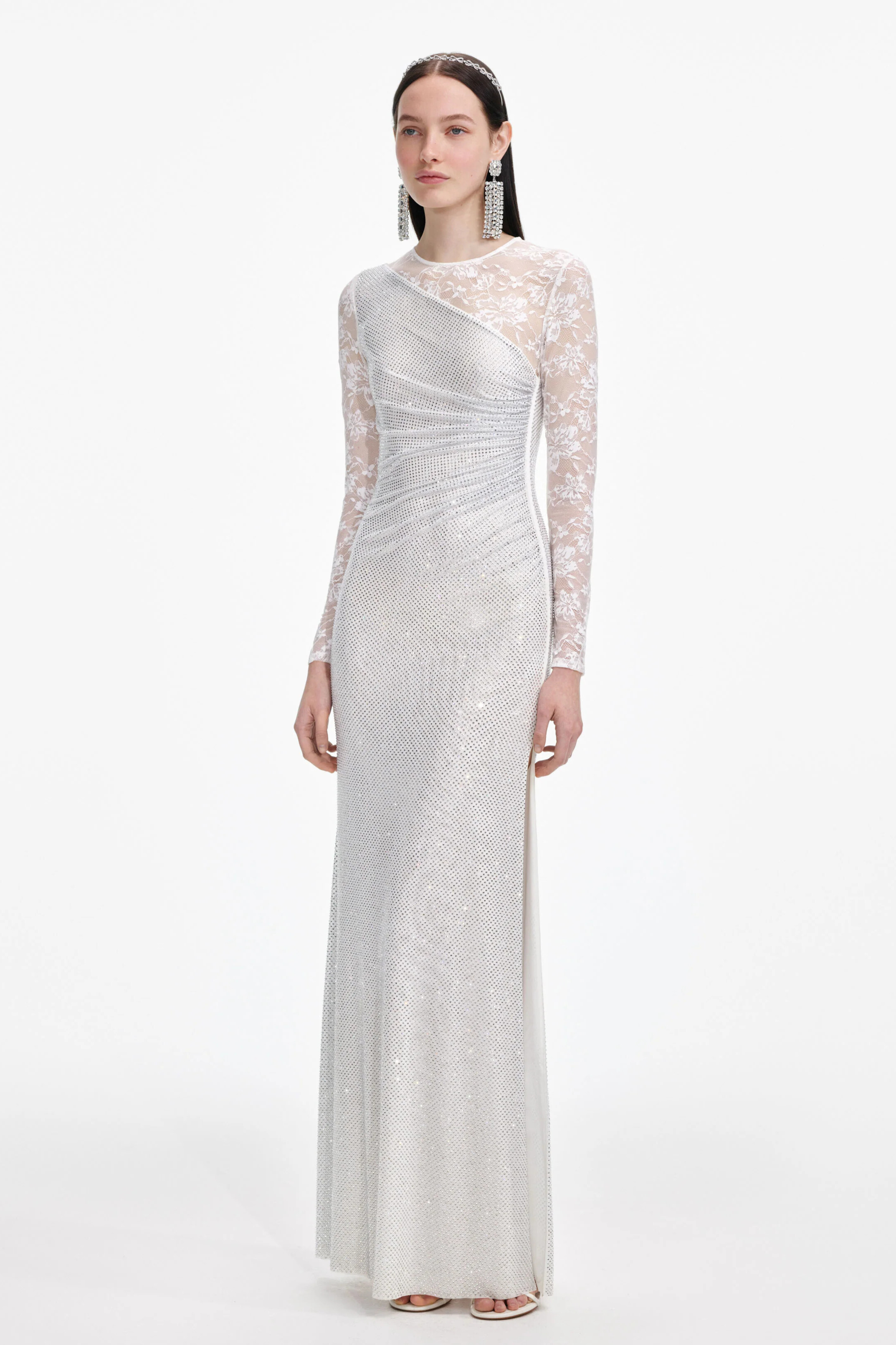 Moriah Rhinestone Lace Sleeve Split Maxi Dress In White