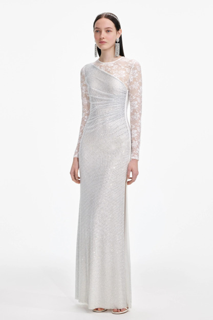 Moriah Rhinestone Lace Sleeve Split Maxi Dress In White