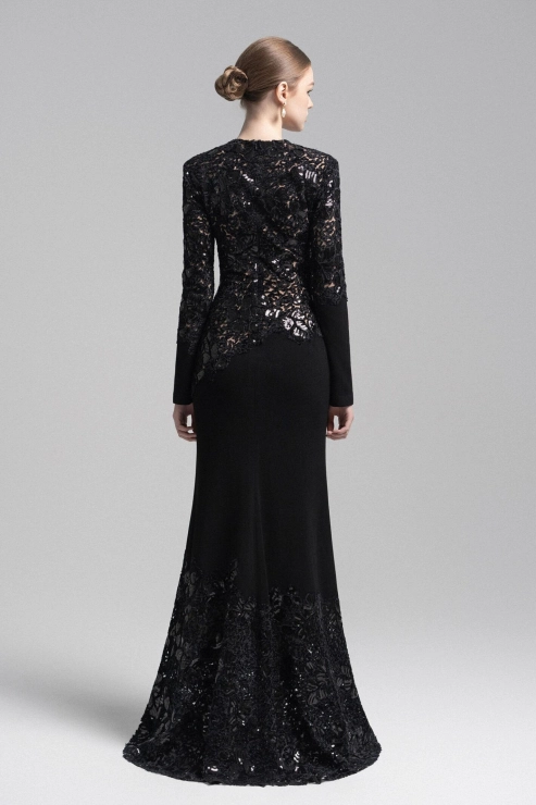 Serini Embroidered Sequin Lace Maxi Dress In Black