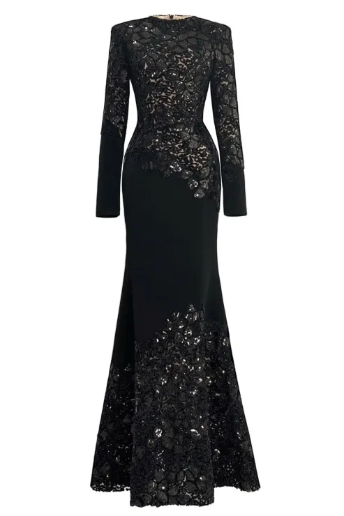 Serini Embroidered Sequin Lace Maxi Dress In Black