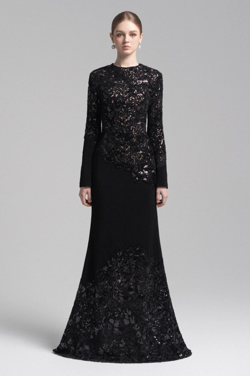 Serini Embroidered Sequin Lace Maxi Dress In Black