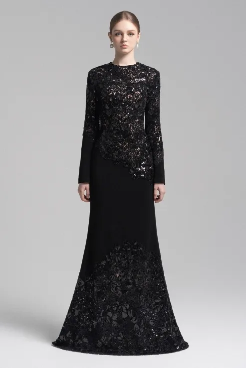 Serini Embroidered Sequin Lace Maxi Dress In Black