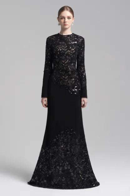 Serini Embroidered Sequin Lace Maxi Dress In Black