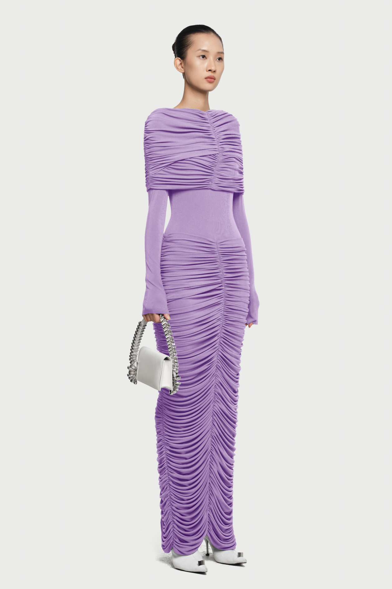 Iria Draped Shoulder Ruched Split Maxi Dress In Lilac