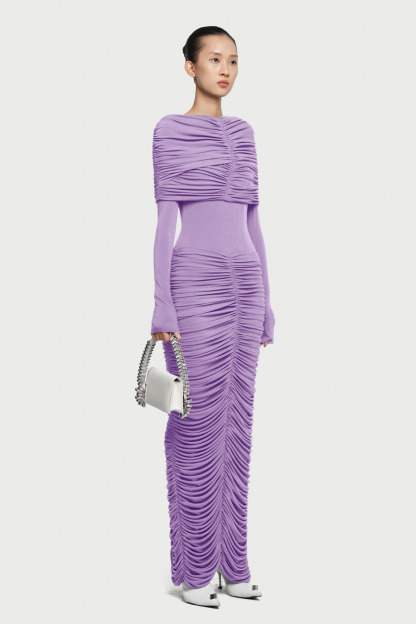Iria Draped Shoulder Ruched Split Maxi Dress In Lilac