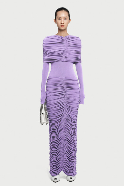 Iria Draped Shoulder Ruched Split Maxi Dress In Lilac