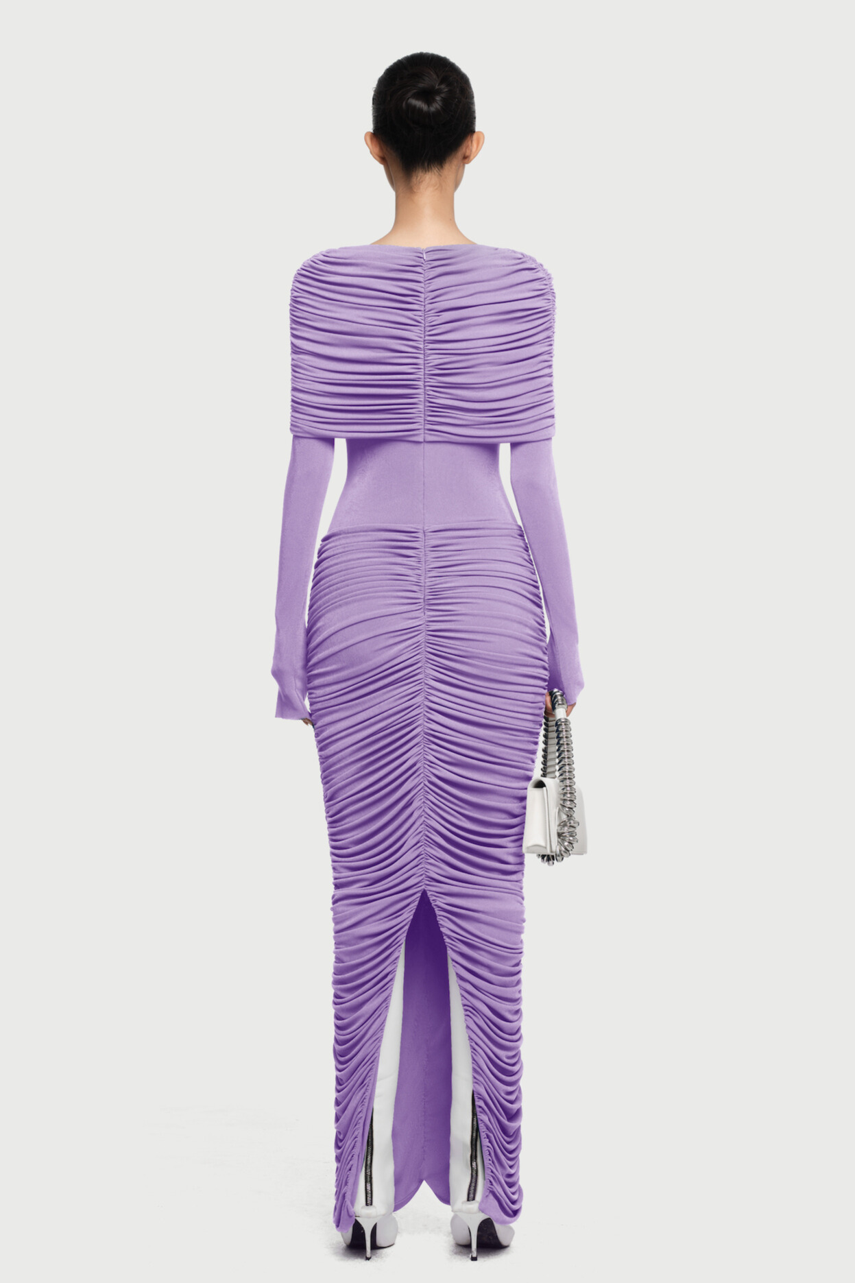 Iria Draped Shoulder Ruched Split Maxi Dress In Lilac
