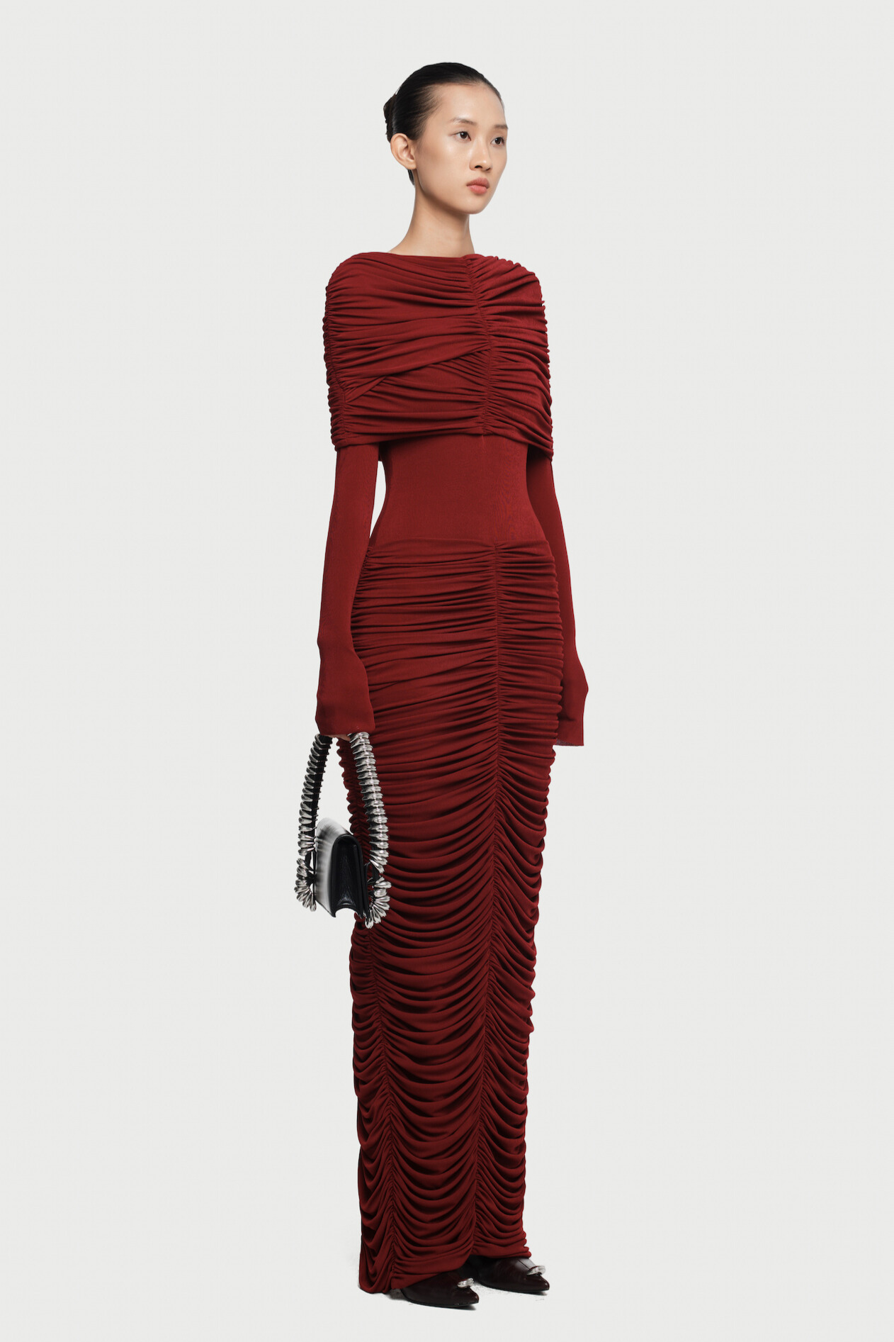 Iria Draped Shoulder Ruched Split Maxi Dress In Wine