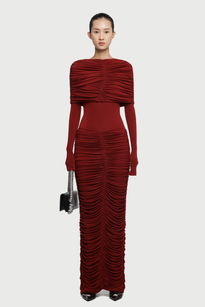 Iria Draped Shoulder Ruched Split Maxi Dress In Wine