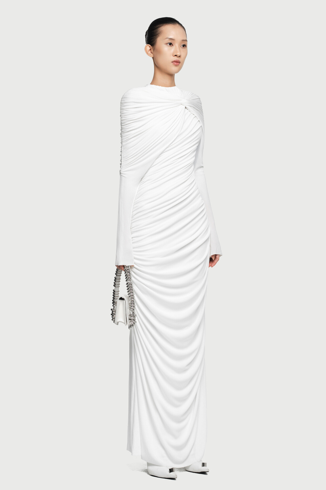 Lizane Ruched Twisted Draped Maxi Dress In White