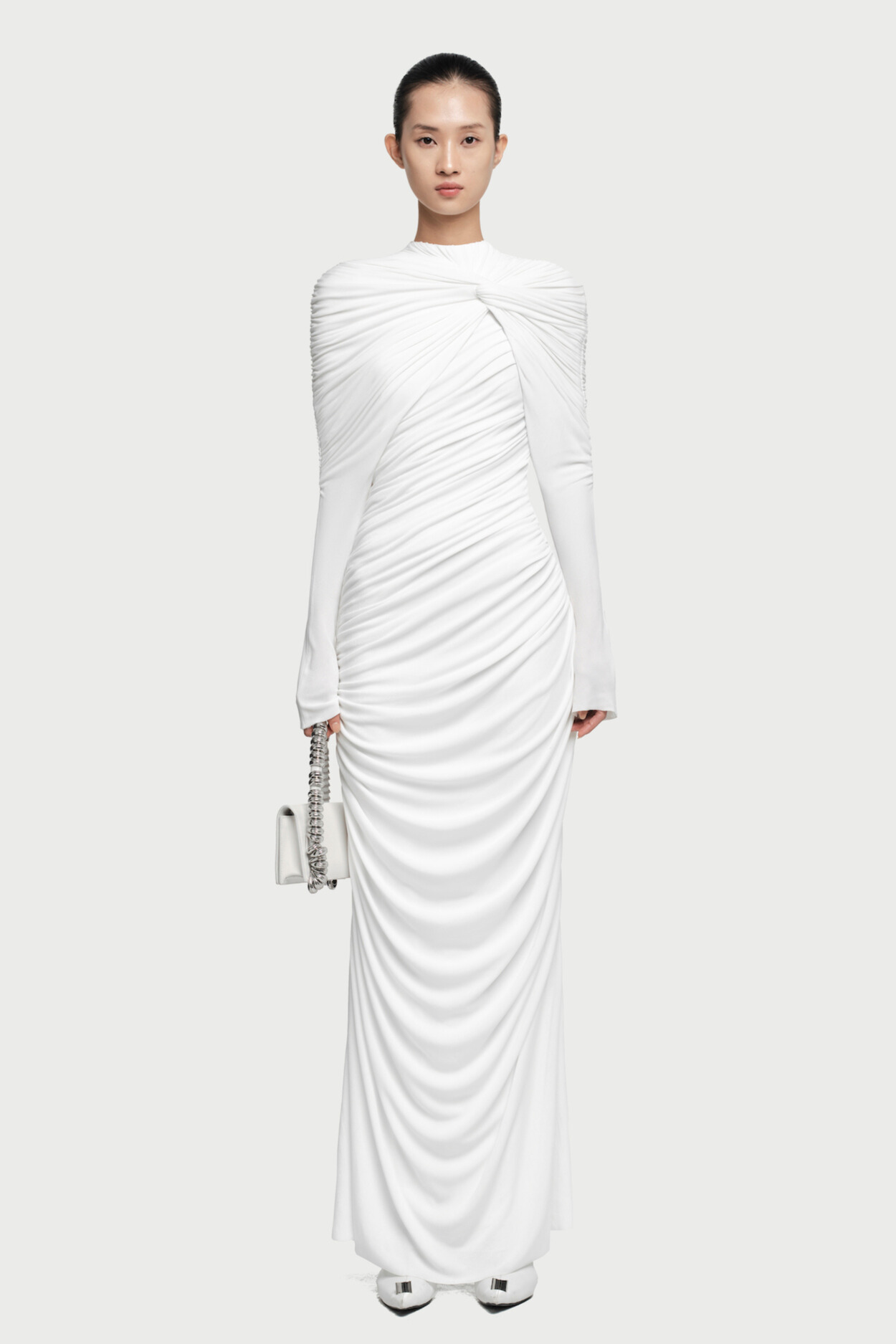 Lizane Ruched Twisted Draped Maxi Dress In White