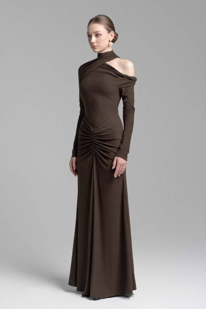 Tia Astmmetric Shoulder Ruched Maxi Dress In Brown