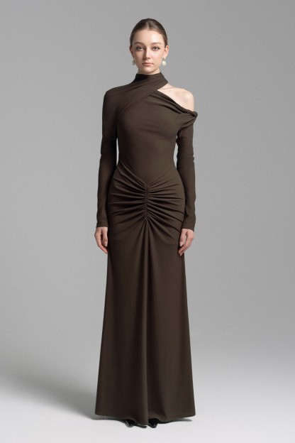Tia Astmmetric Shoulder Ruched Maxi Dress In Brown