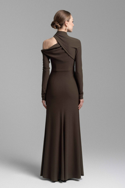 Tia Astmmetric Shoulder Ruched Maxi Dress In Brown