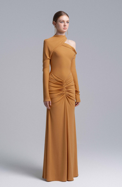 Tia Astmmetric Shoulder Ruched Maxi Dress In Orange