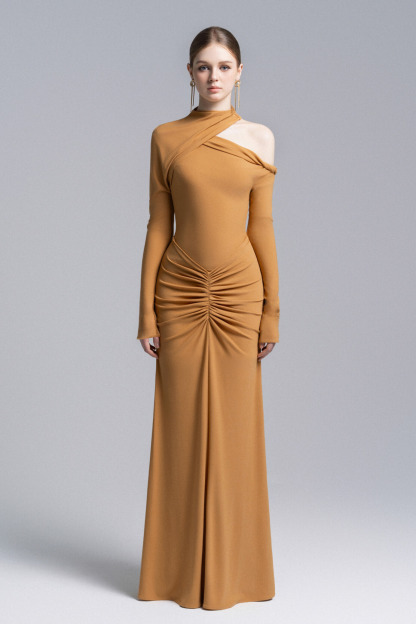 Tia Astmmetric Shoulder Ruched Maxi Dress In Orange