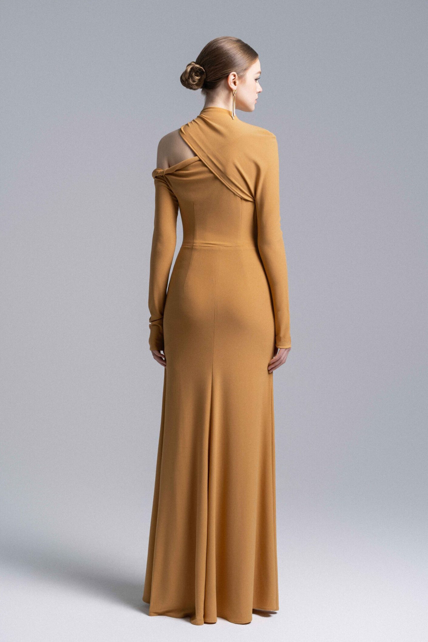 Tia Astmmetric Shoulder Ruched Maxi Dress In Orange