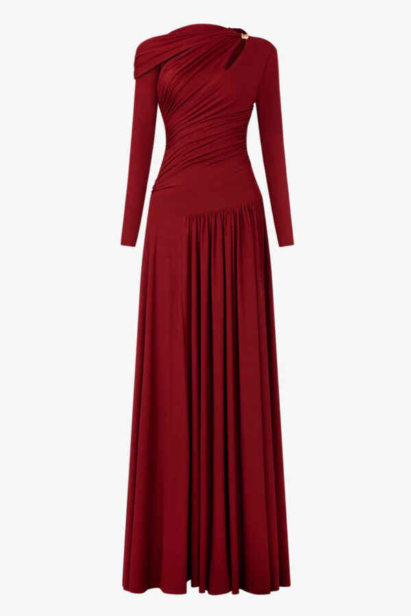 Hannal Cutout Sleeve Pleated Maxi Dress In Red