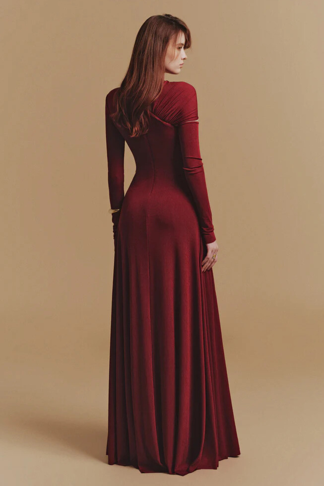 Hannal Cutout Sleeve Pleated Maxi Dress In Red