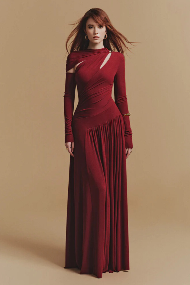 Hannal Cutout Sleeve Pleated Maxi Dress In Red