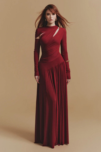 Hannal Cutout Sleeve Pleated Maxi Dress In Red