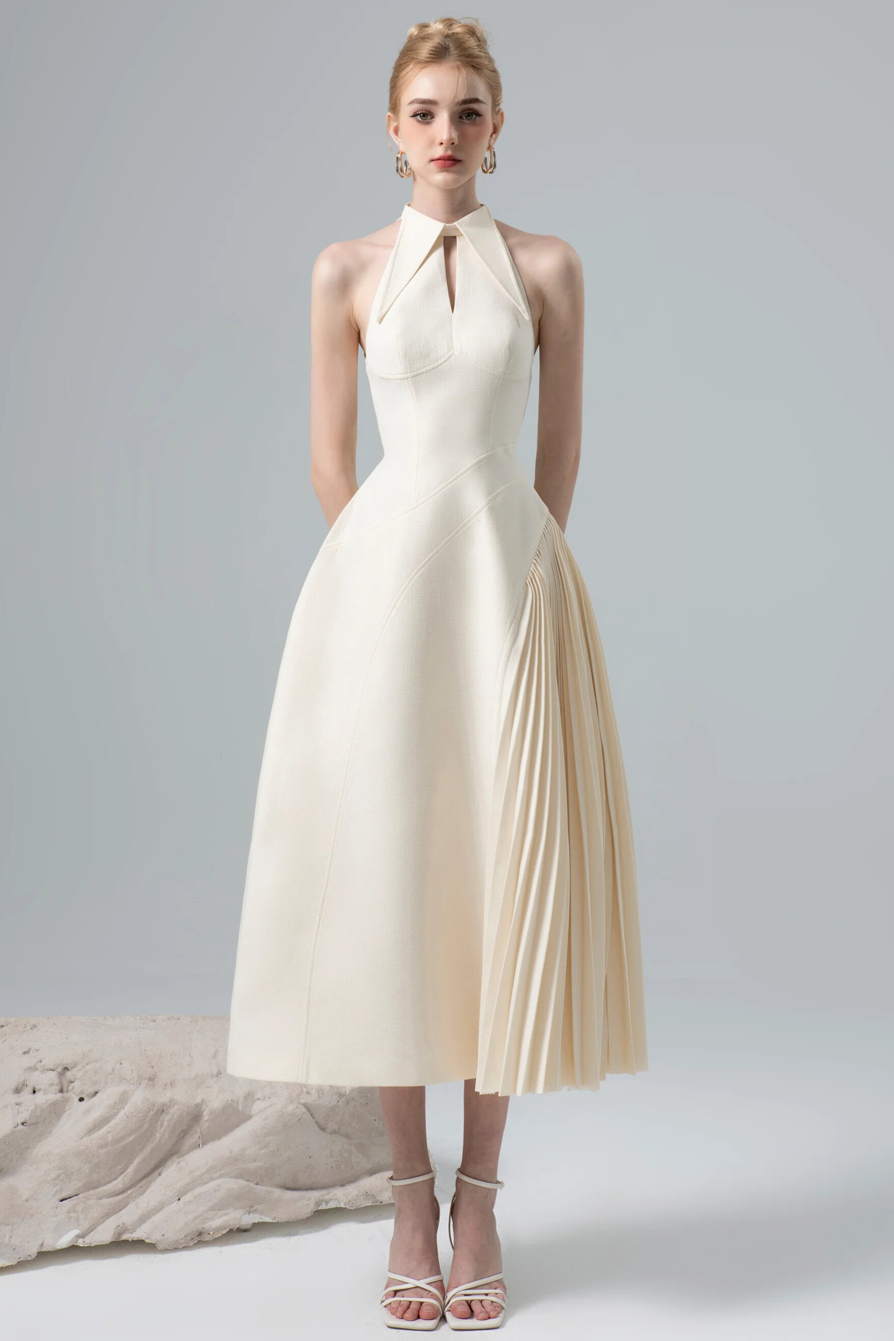 Arbria Halterneck Cutout Pleated Midi Dress In Cream