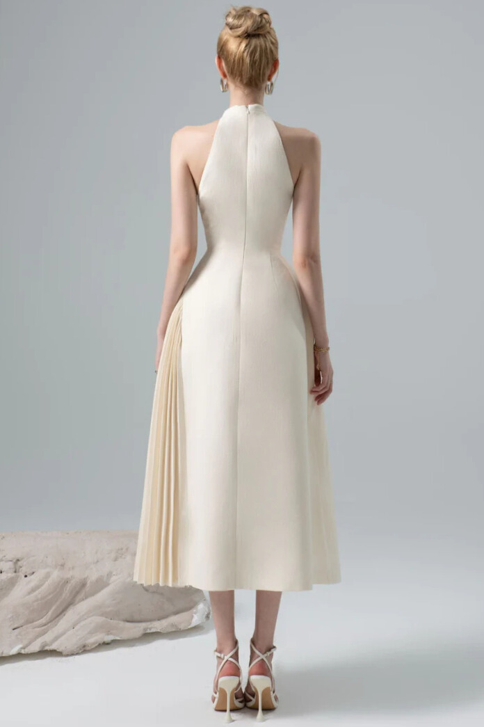 Arbria Halterneck Cutout Pleated Midi Dress In Cream