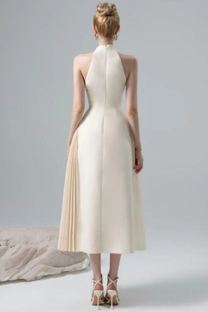 Arbria Halterneck Cutout Pleated Midi Dress In Cream