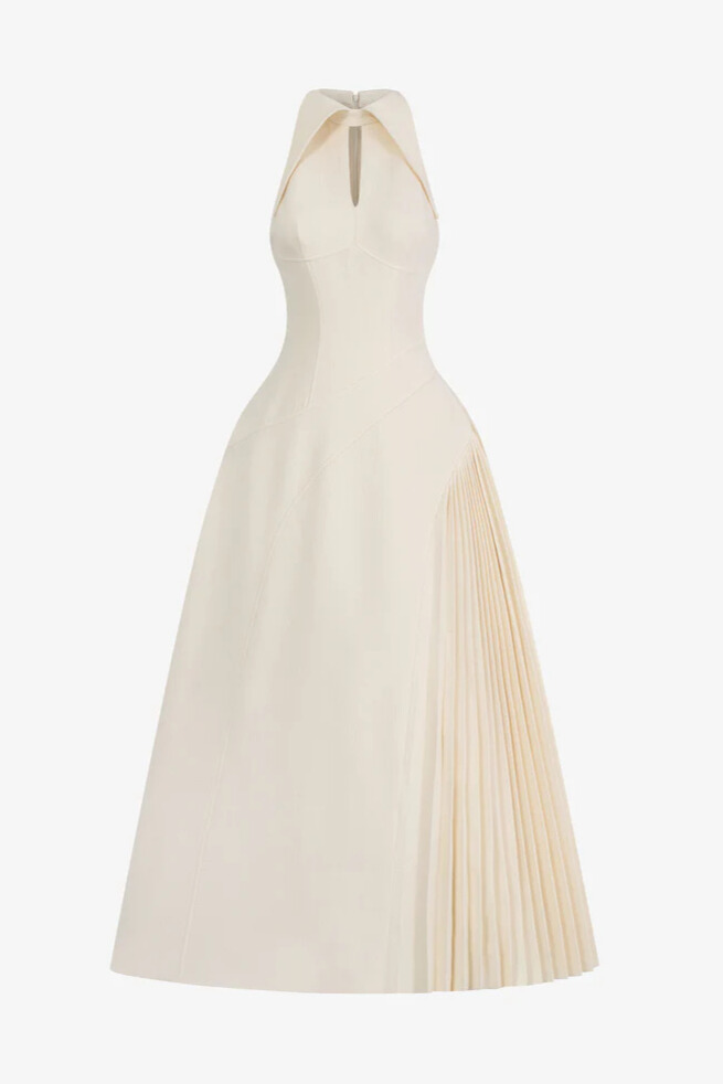 Arbria Halterneck Cutout Pleated Midi Dress In Cream