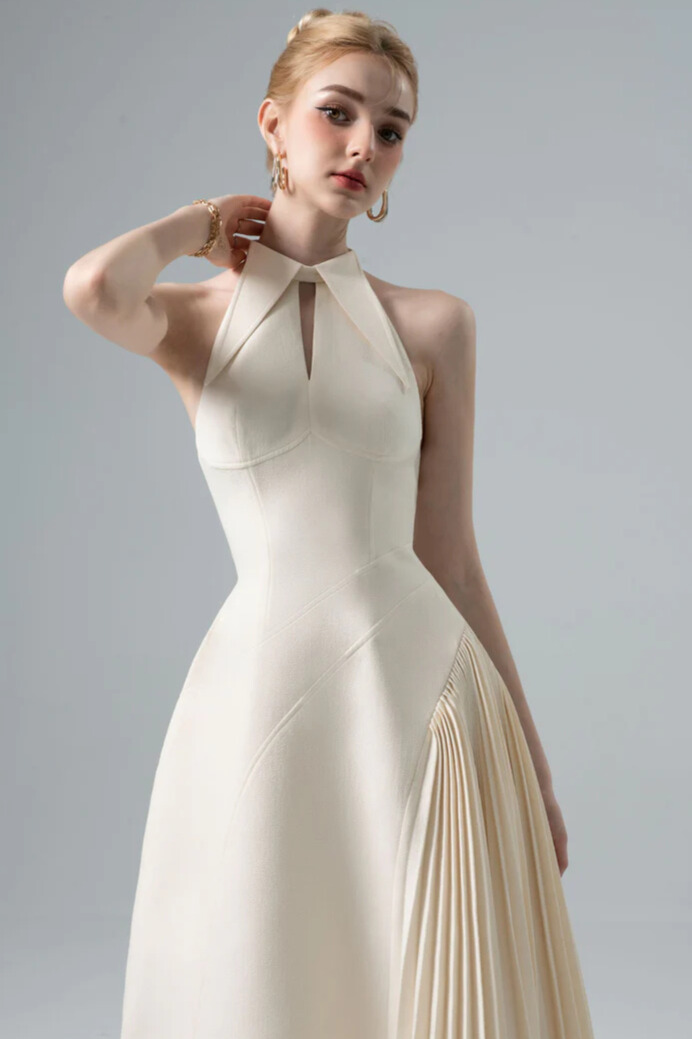 Arbria Halterneck Cutout Pleated Midi Dress In Cream