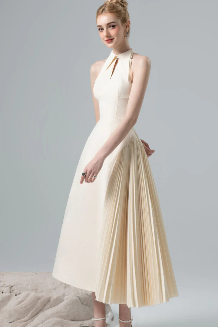 Arbria Halterneck Cutout Pleated Midi Dress In Cream