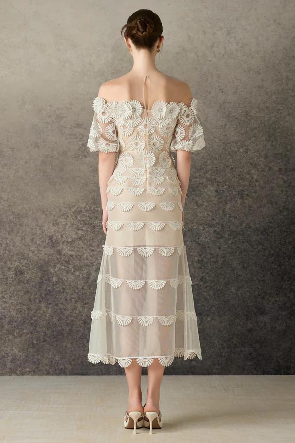 Lyra Off Shoulder Flower Midi Dress In Beige