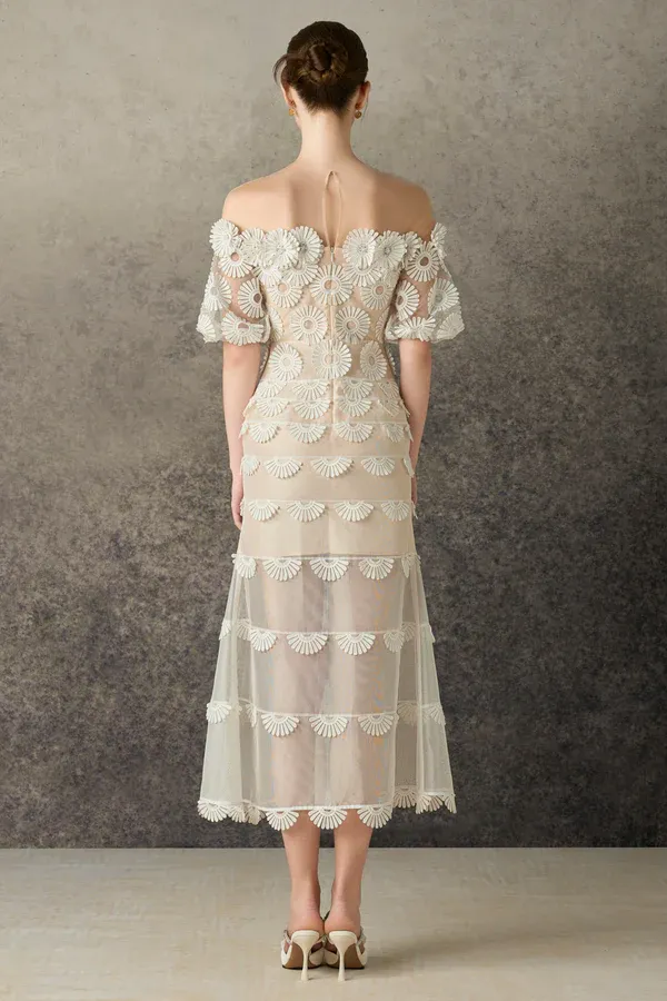 Lyra Off Shoulder Flower Midi Dress In Beige