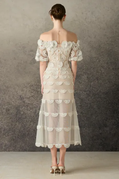 Lyra Off Shoulder Flower Midi Dress In Beige