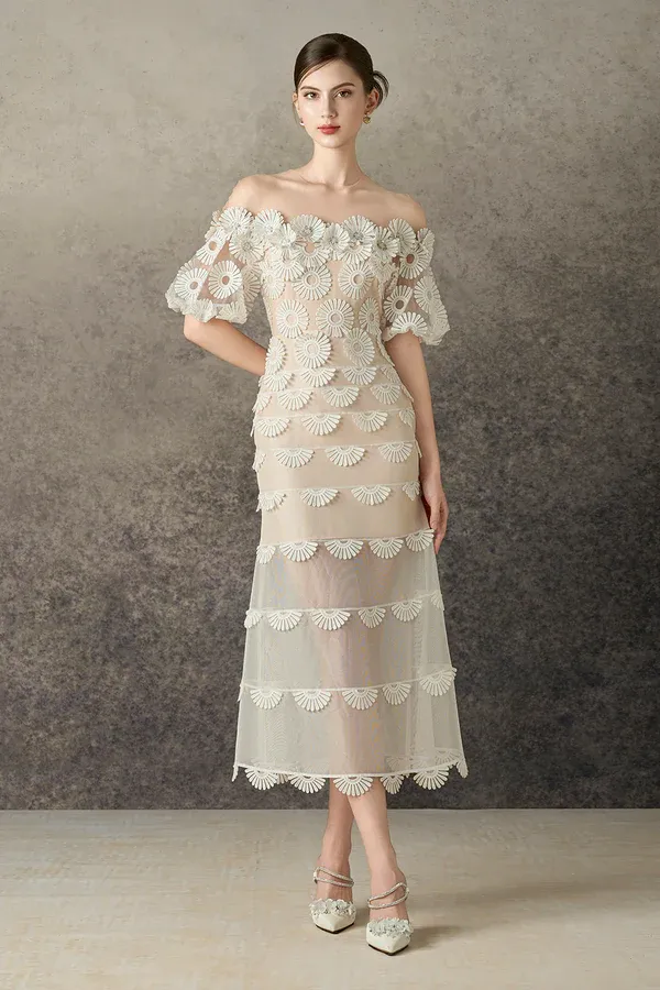 Lyra Off Shoulder Flower Midi Dress In Beige