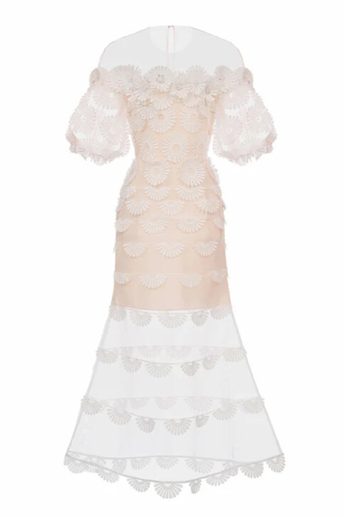 Lyra Off Shoulder Flower Midi Dress In Beige