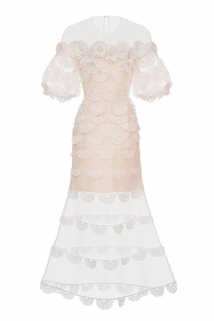 Lyra Off Shoulder Flower Midi Dress In Beige