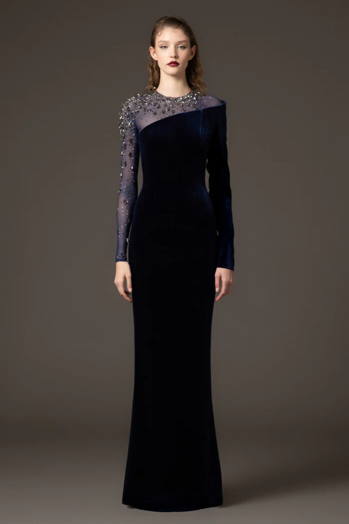 Kayla Asymmetric Crystal Shoulder Velvet Maxi Dress In Blue