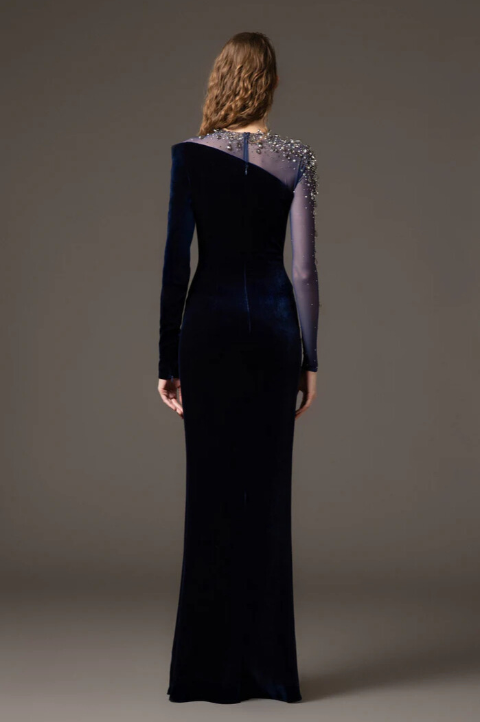 Kayla Asymmetric Crystal Shoulder Velvet Maxi Dress In Blue