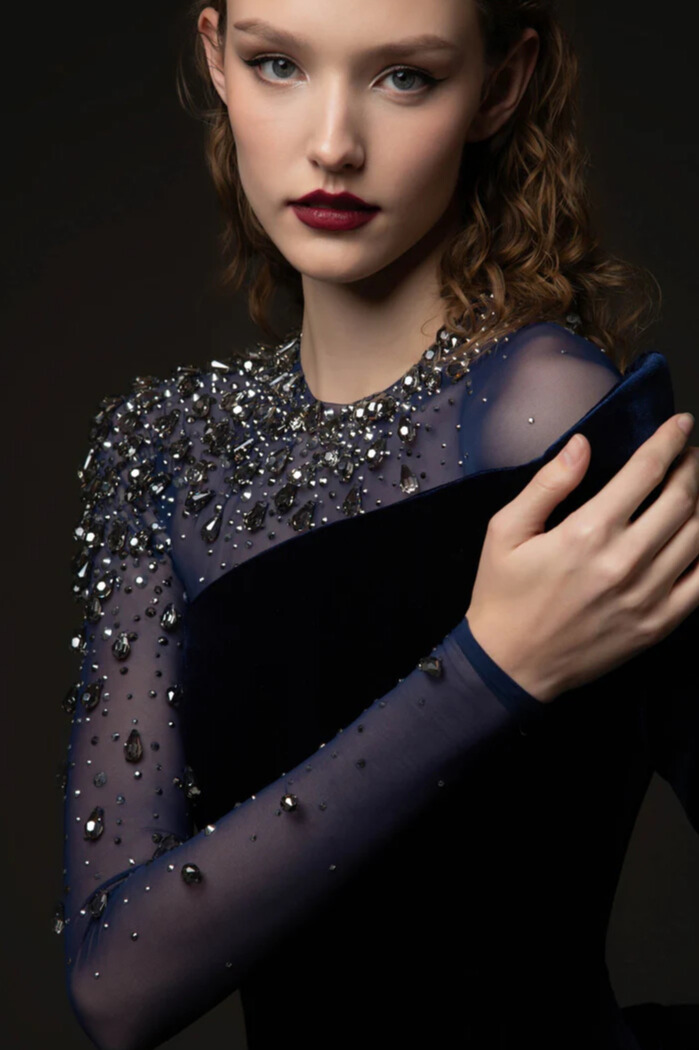 Kayla Asymmetric Crystal Shoulder Velvet Maxi Dress In Blue