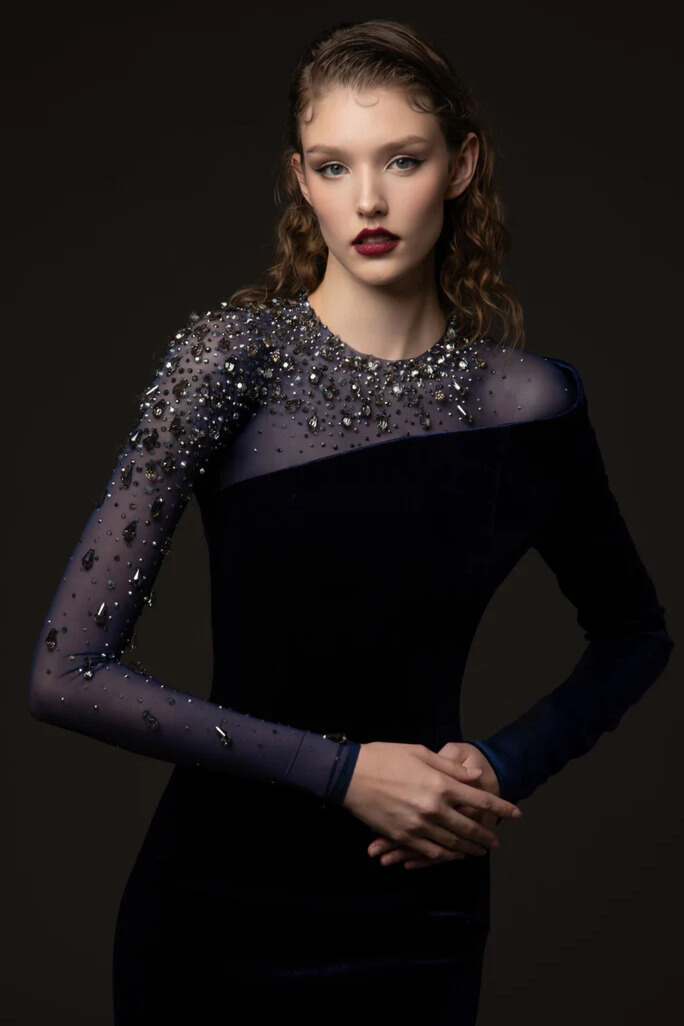 Kayla Asymmetric Crystal Shoulder Velvet Maxi Dress In Blue