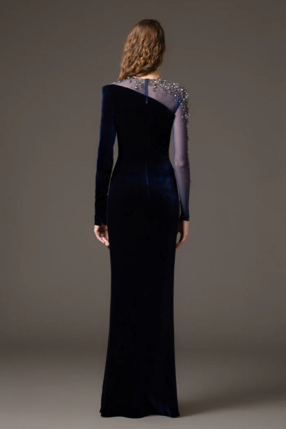 Kayla Asymmetric Crystal Shoulder Velvet Maxi Dress In Blue