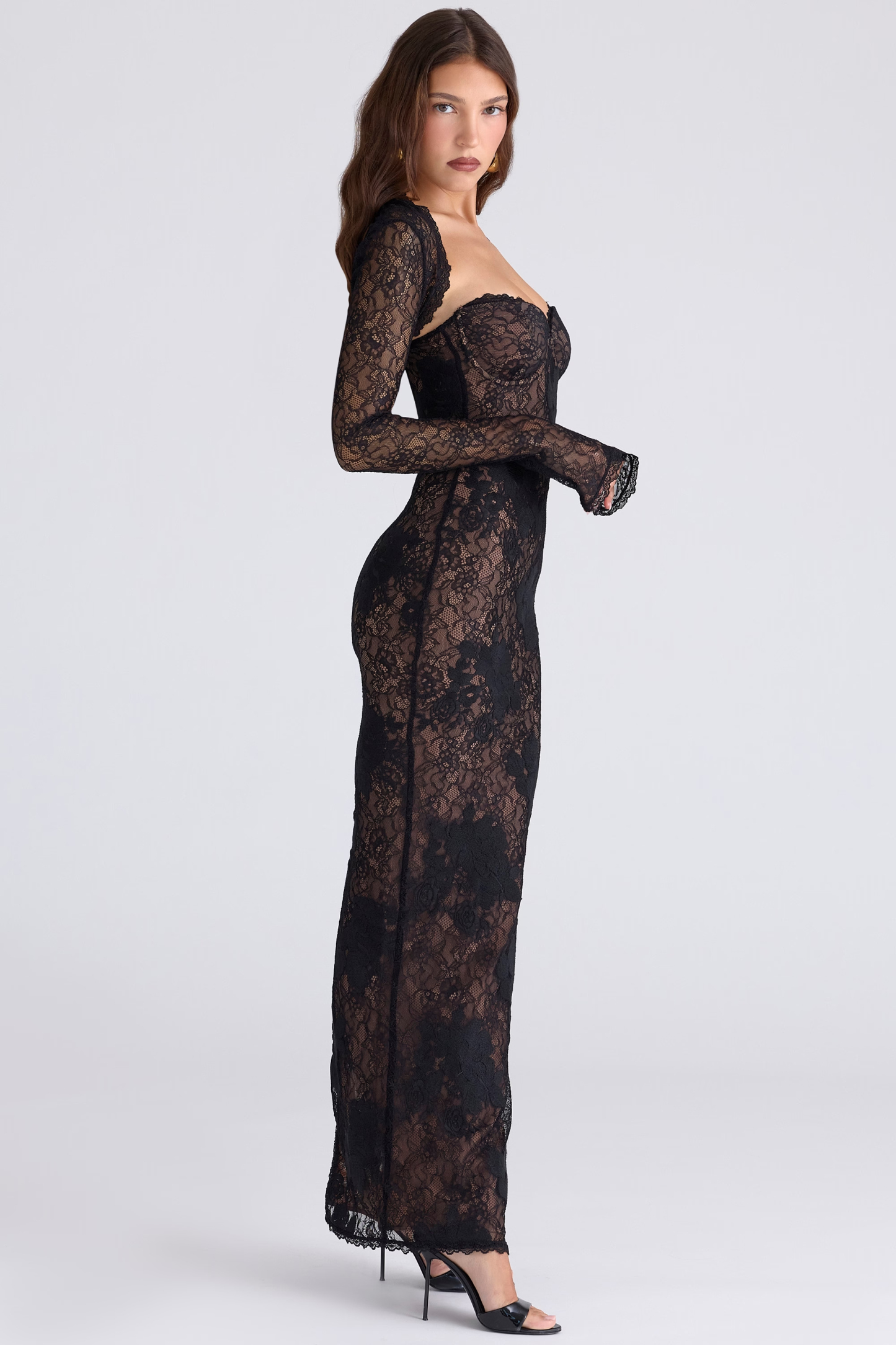 Zane Strapless Floral Lace Maxi Dress In Black