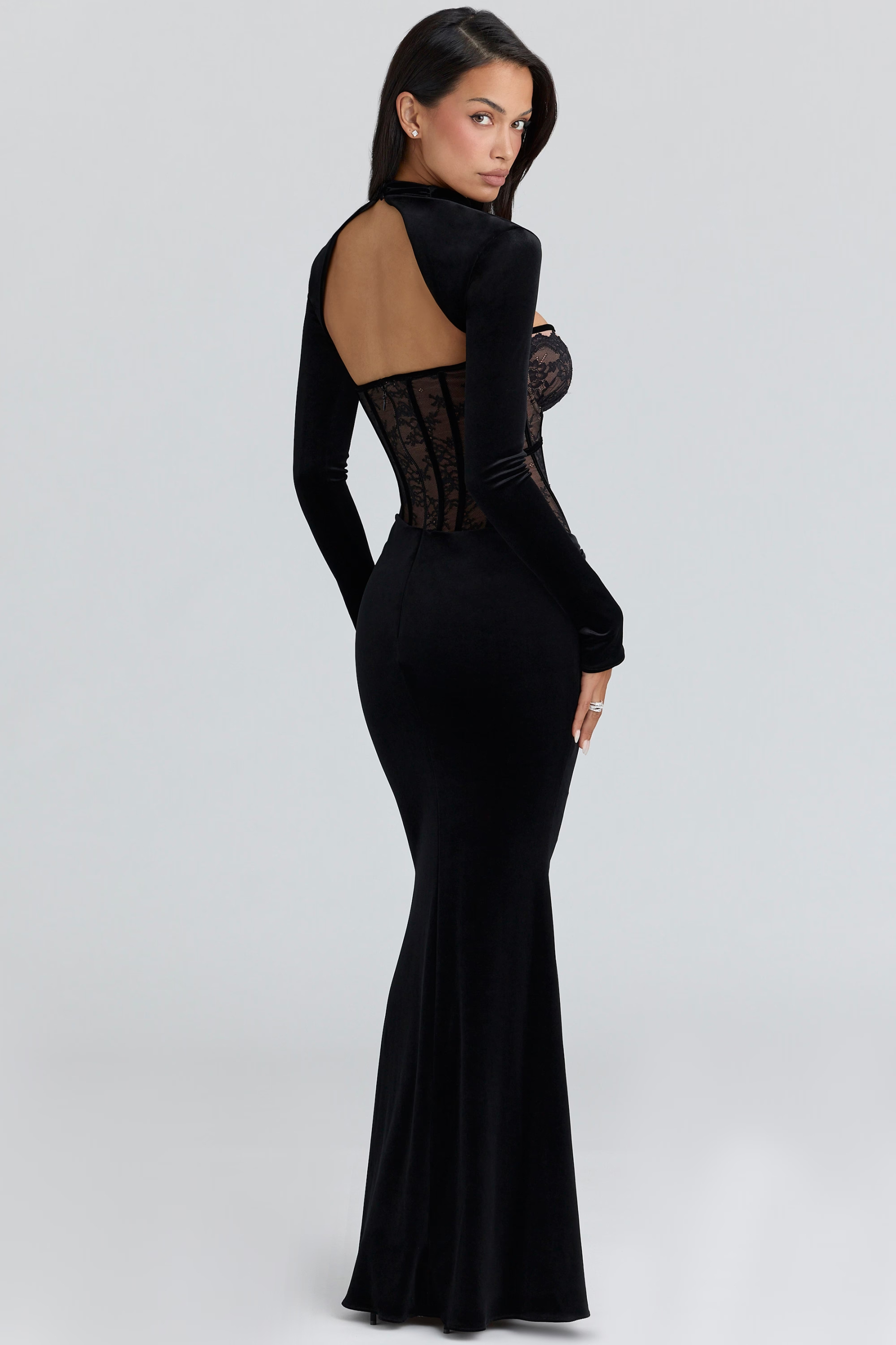 Minka Floral Corset Lace Velvet Maxi Dress In Black