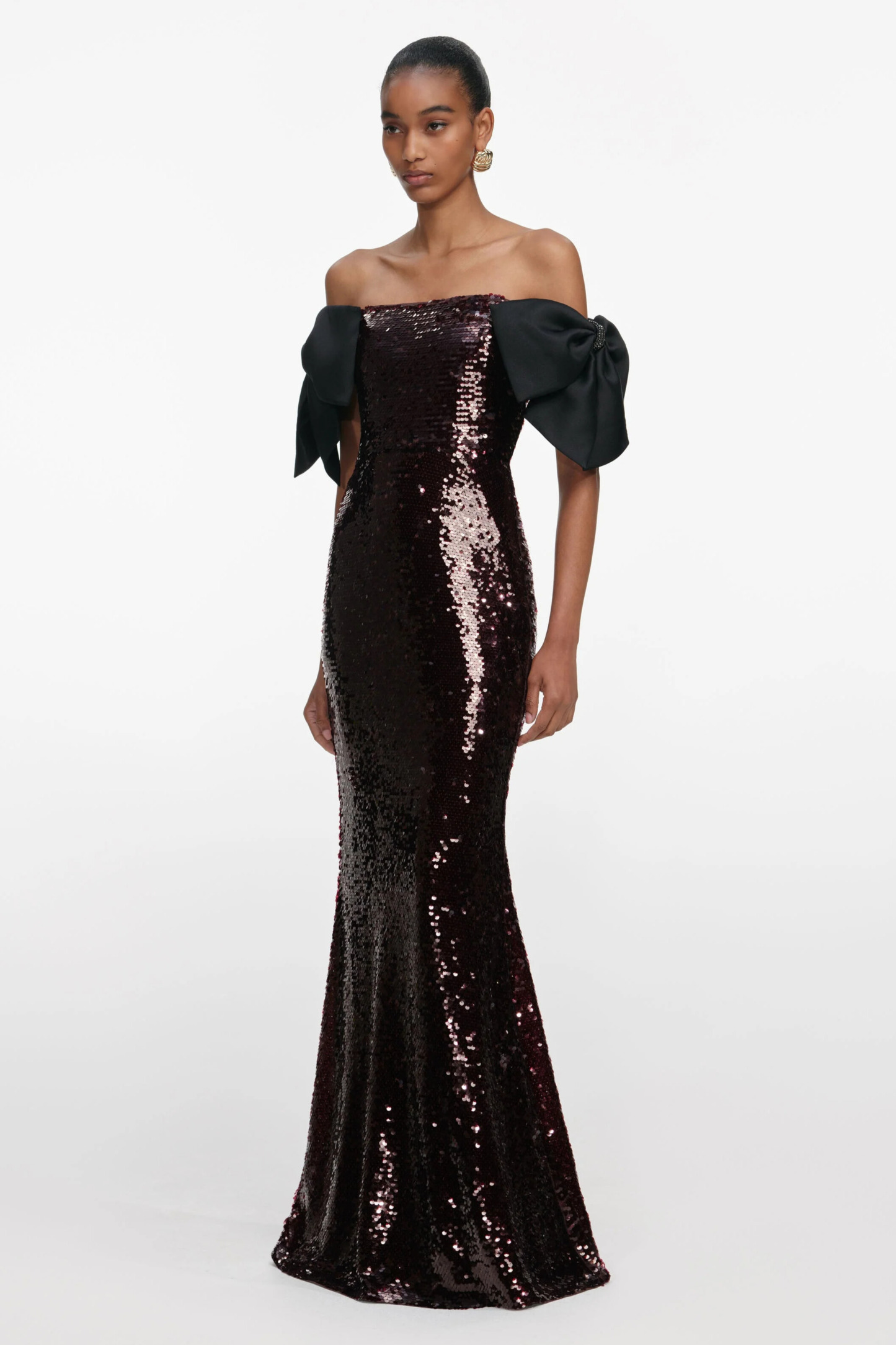 Nyx Off Shoulder Bow Sequin Maxi Dress In Brown