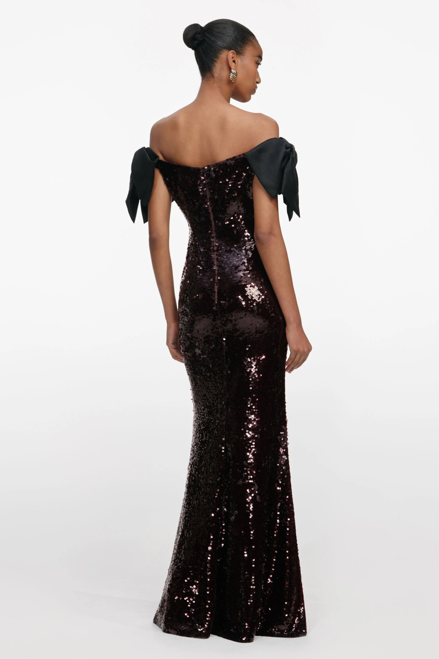 Nyx Off Shoulder Bow Sequin Maxi Dress In Brown