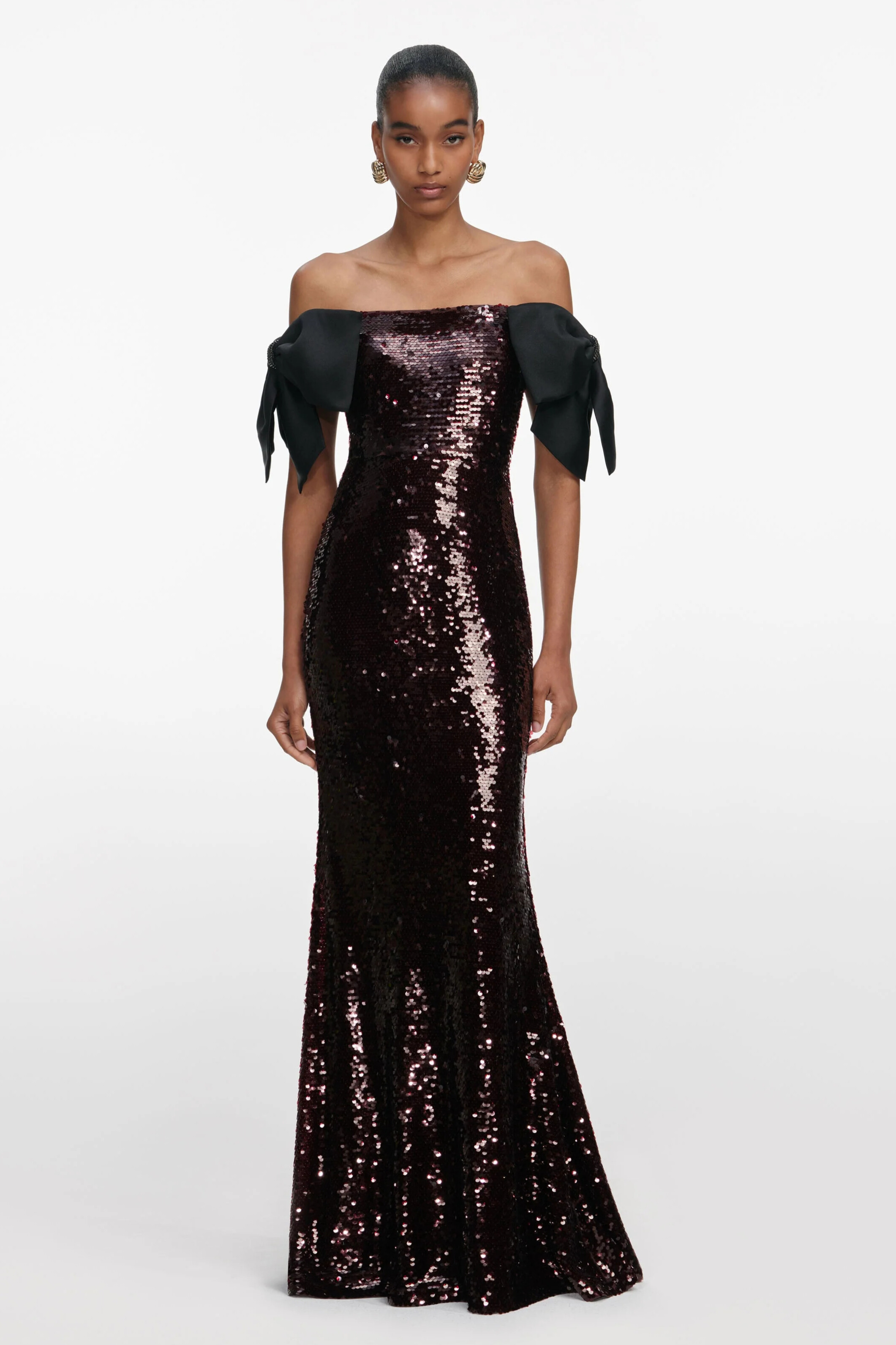Nyx Off Shoulder Bow Sequin Maxi Dress In Brown