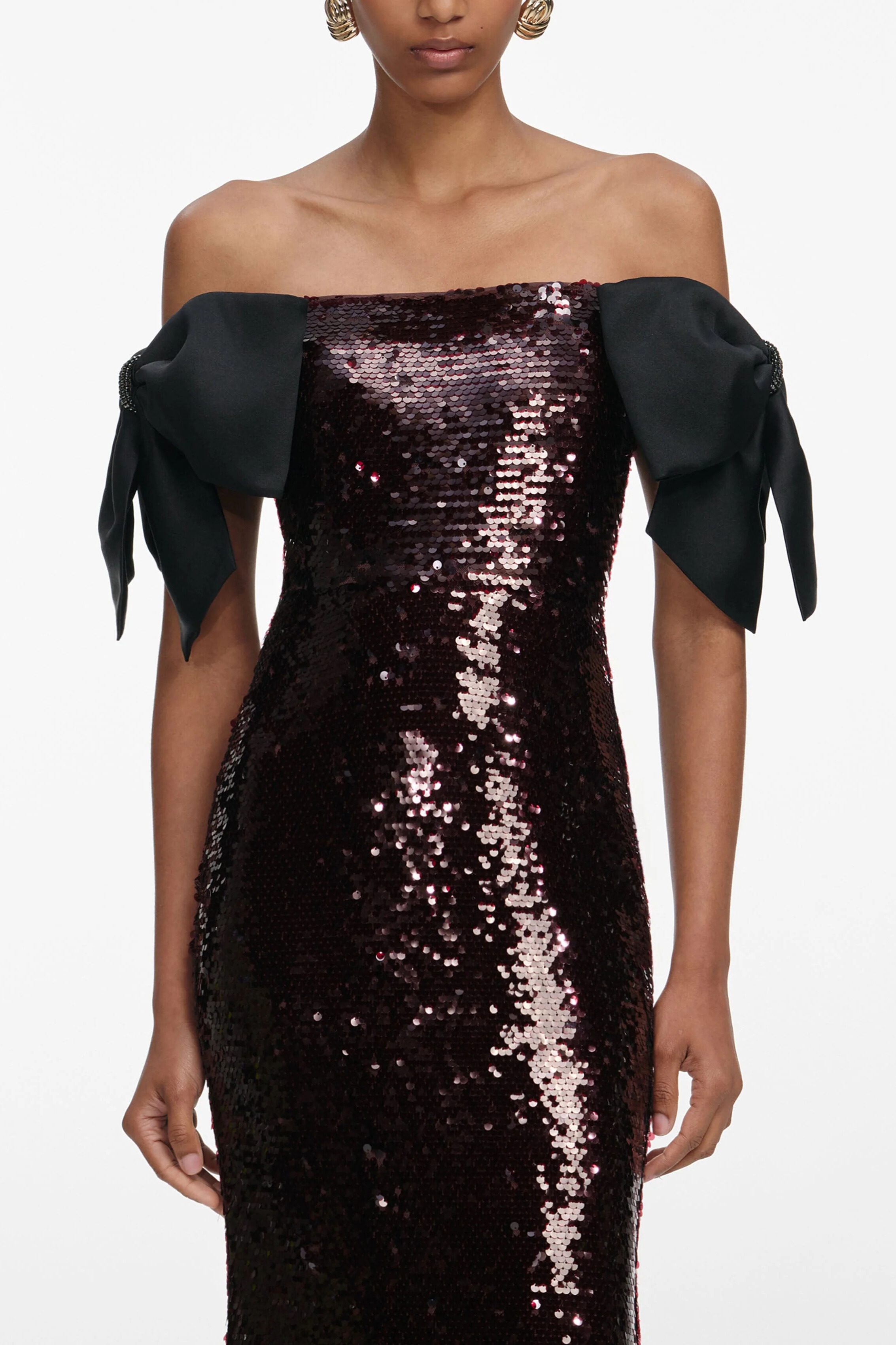 Nyx Off Shoulder Bow Sequin Maxi Dress In Brown