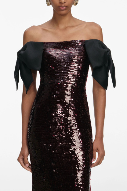 Nyx Off Shoulder Bow Sequin Maxi Dress In Brown